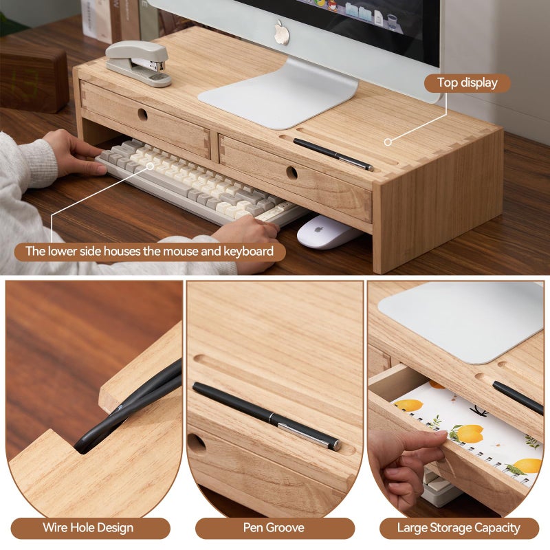 KIRIGEN Wood Monitor Stand with 2 Drawers - Computer Arm Riser Desk Storage Organizer,Speaker TV Laptop Printer Stand with Pen Slot and Cable Management,2-Tier Desktop Shelf NA-2PMJ - Image 2